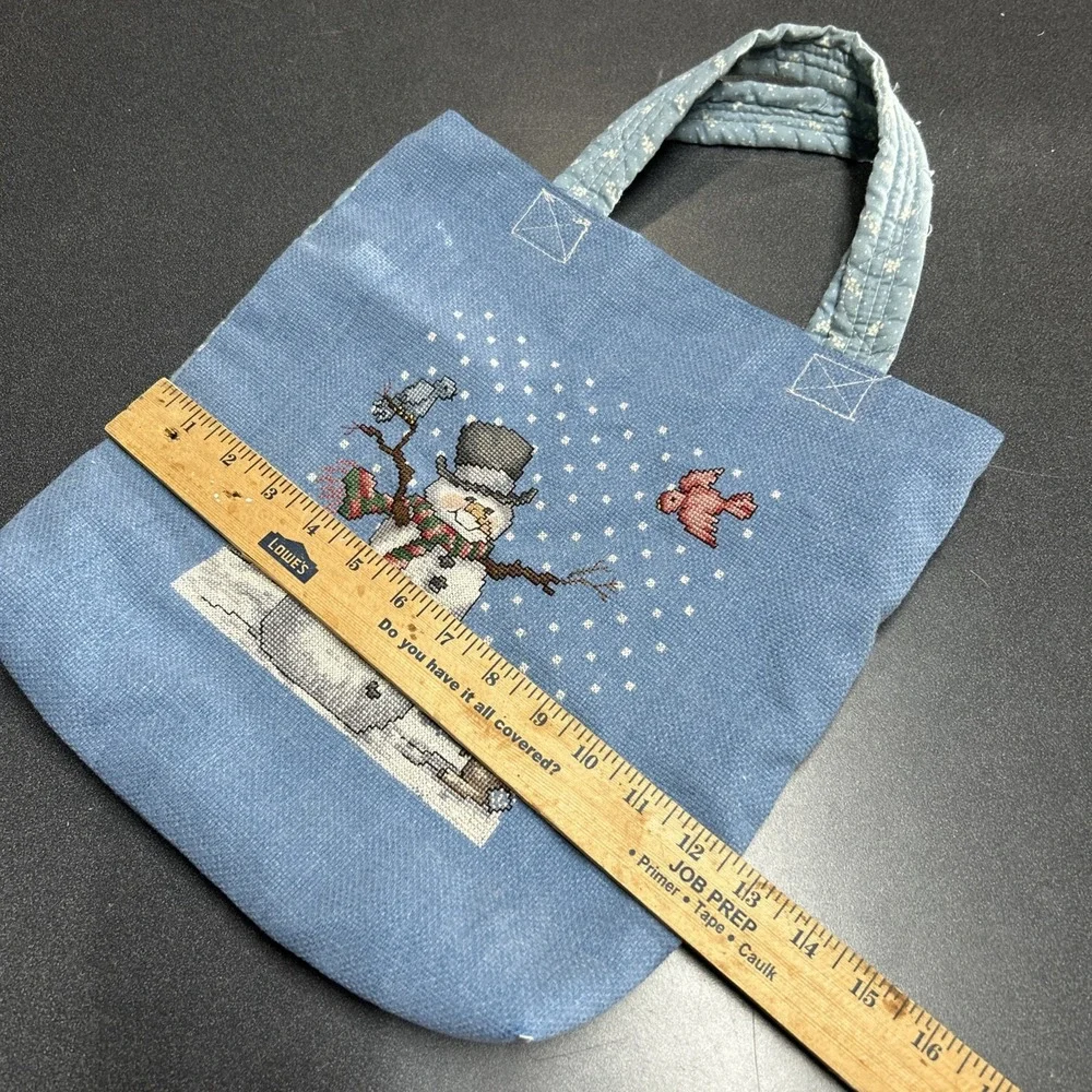 Finished Cross Stitch Country Christmas Snowmen Vintage Tote Bag